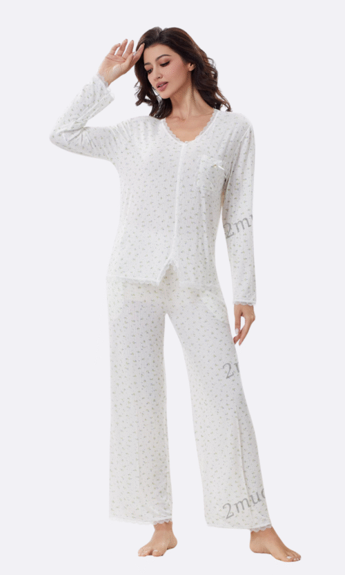 Pyjama 2 Pièces Blanc Fleurs Vertes
