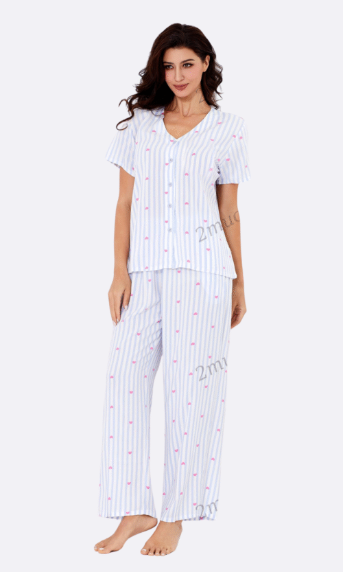 Pyjama 2 Pièces Bleu Ciel Cœurs Roses