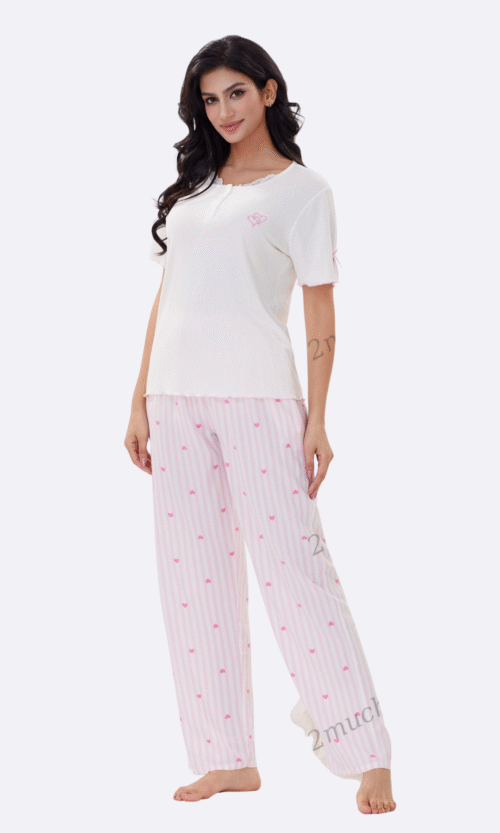 Pyjama 2 Pièces Blanc Rayures Roses