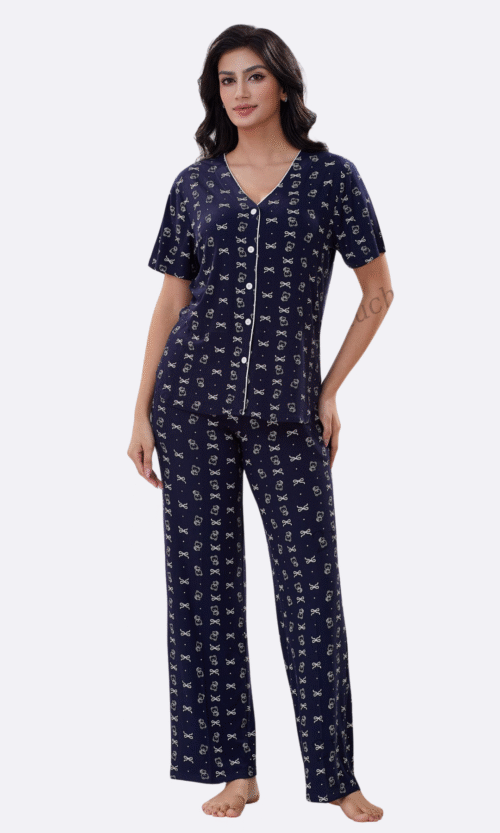 Pyjama 2 Pièces Bleu Marine Motifs Blancs