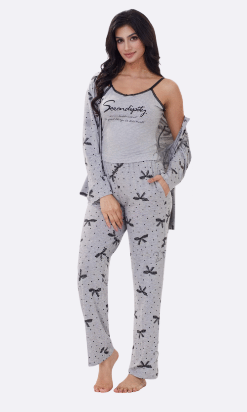 Pyjama 3 Pièces Gris Nœuds Noirs