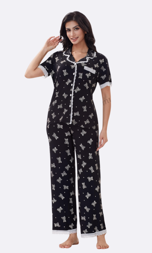Pyjama 2 Pièces Noir Nœuds Blancs