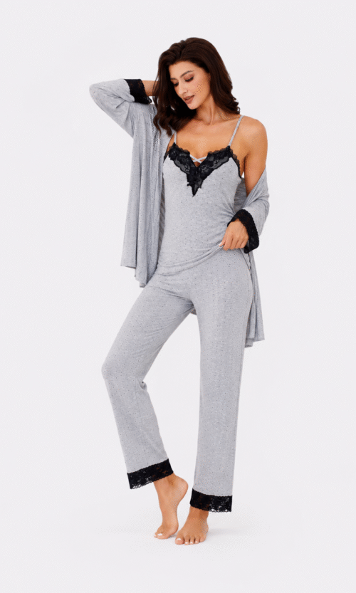 Pyjama 3 Pièces Gris Dentelle Noire