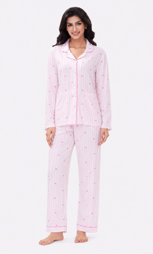 Pyjama 2 Pièces Rose Rayures Cœurs