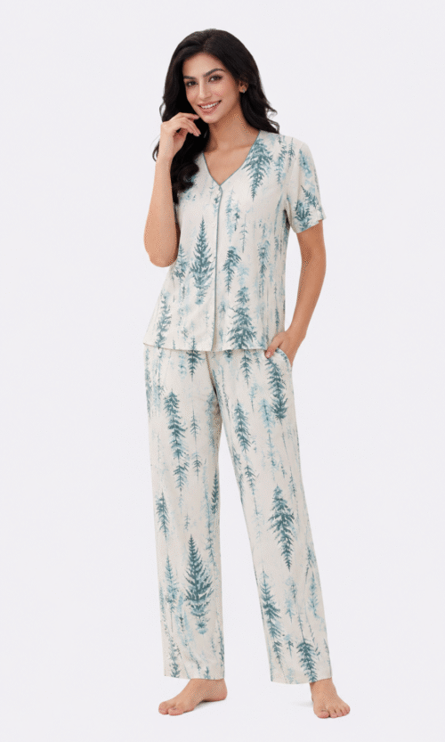 Pyjama 2 Pièces Beige Imprimé Forêt