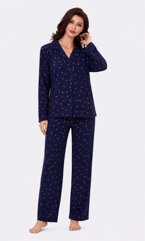 Pyjama 2 Pièces Bleu Marine Cœurs Roses