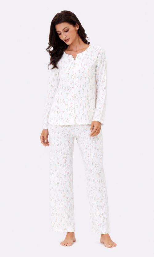 Pyjama 2 Pièces Blanc Fleurs Roses