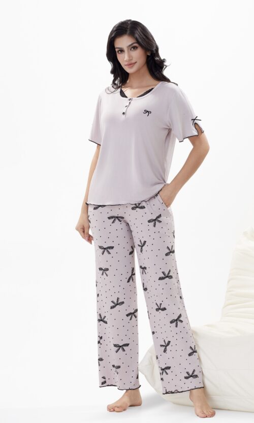 Pyjama 2 Pièces Blanc Nœuds Noirs