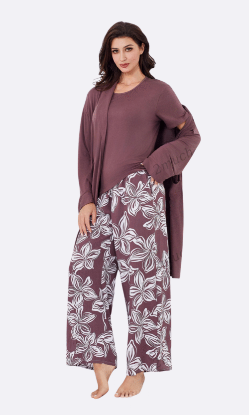 Pyjama 3 Pièces Prune Fleurs Blanches