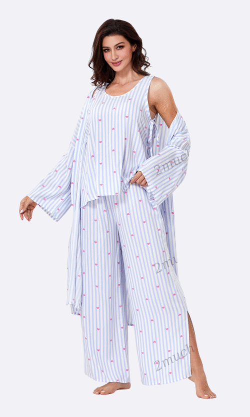 Pyjama 3 Pièces Bleu Ciel Rayures Roses