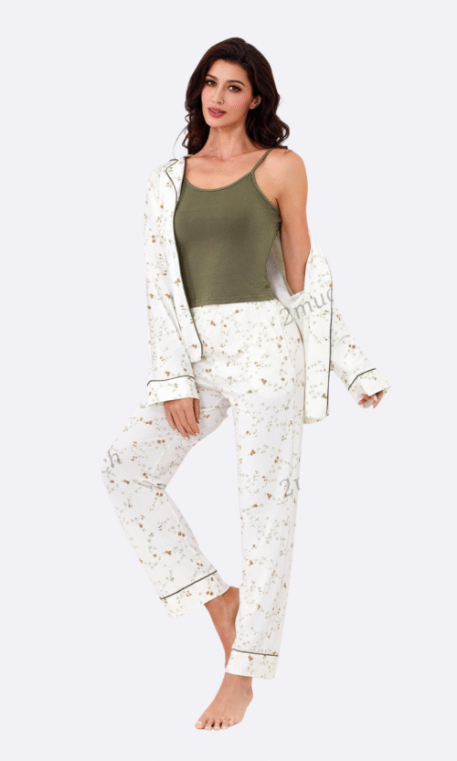 Pyjama 3 Pièces Blanc Fleuri Débardeur Vert