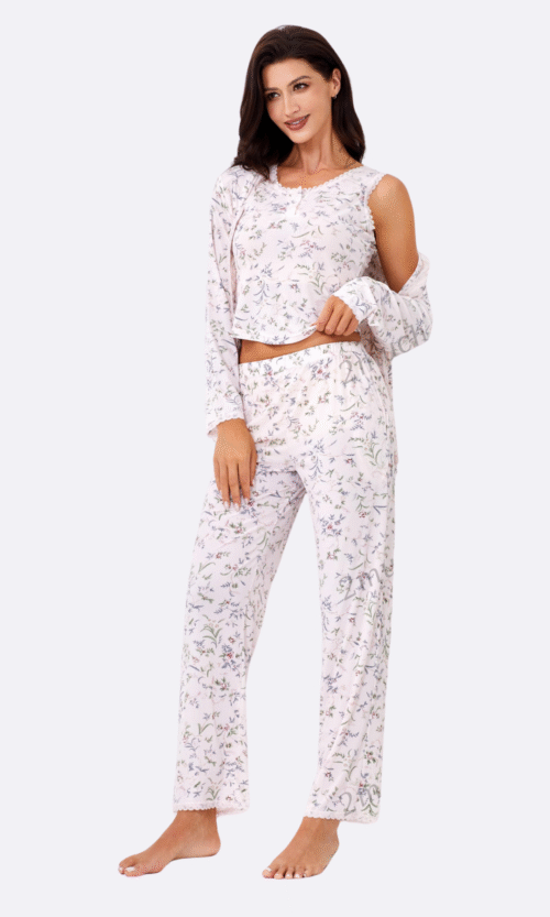 Pyjama 3 Pièces Blanc Fleurs Pastel