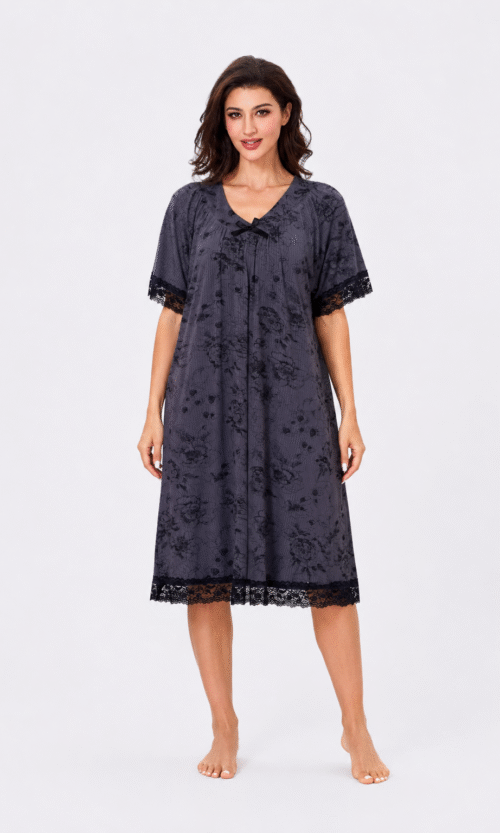 Pyjama Gris Fleuri Dentelle Noire