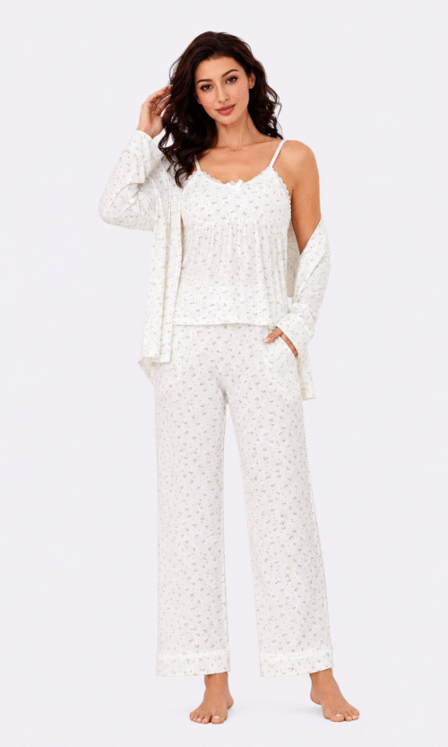 Pyjama 3 Pièces Blanc Fleurs